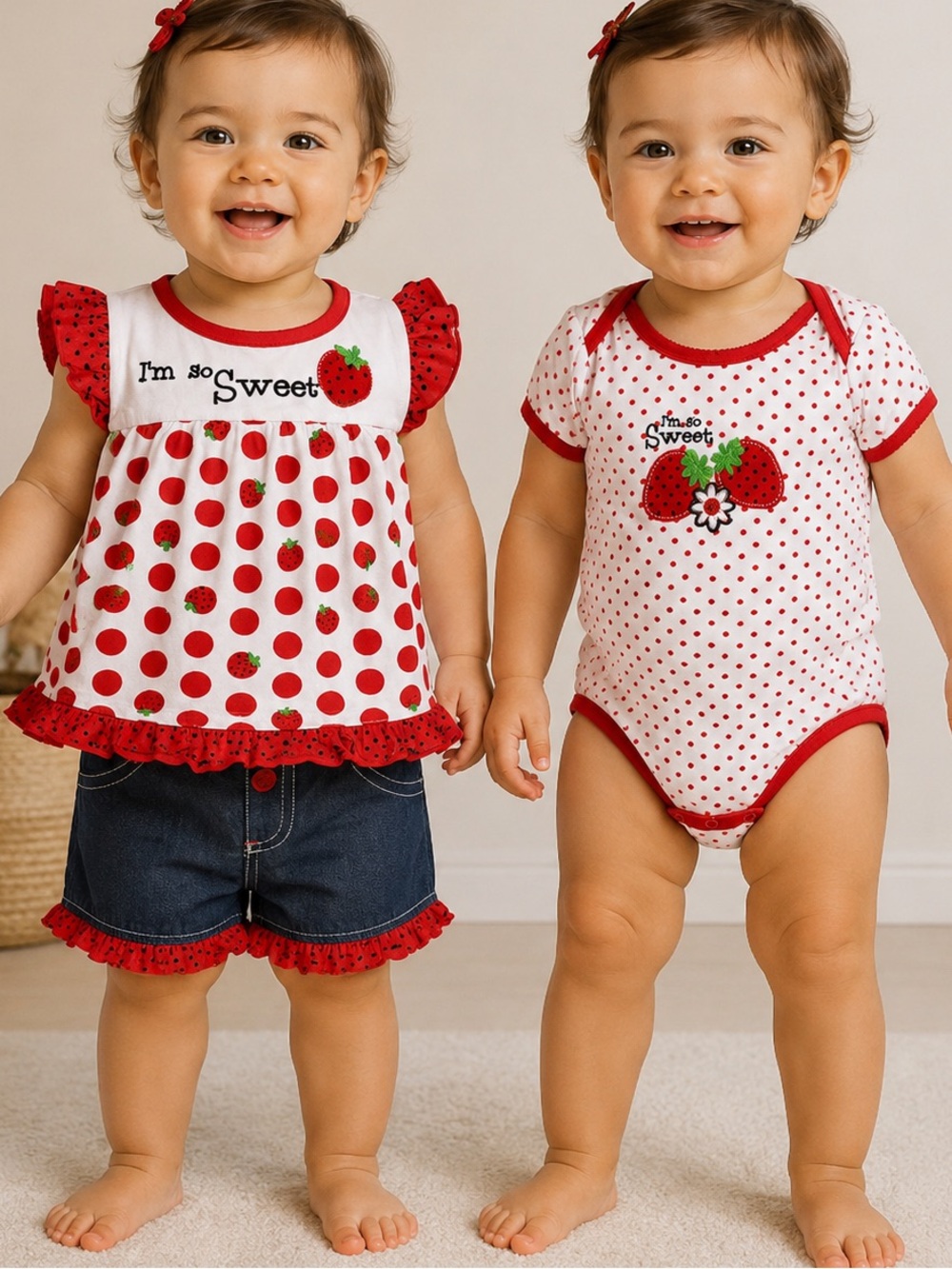 Vintage DDG Strawberry Denim 3 Piece Outfit Set 12 Months Baby Girl